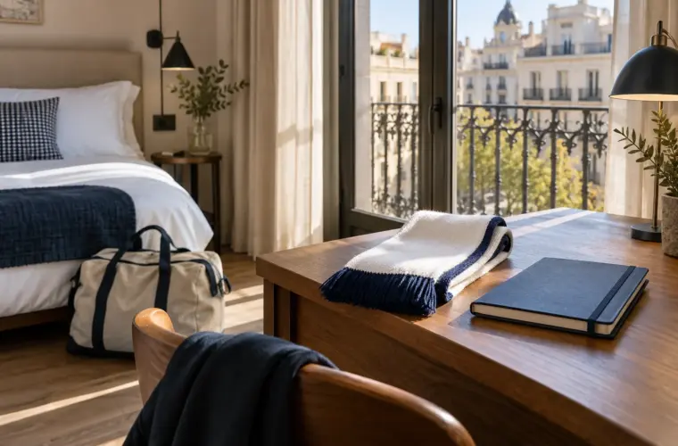 Bufanda blanca y cuaderno sobre una mesa junto a la ventana, con una bolsa de viaje cerca